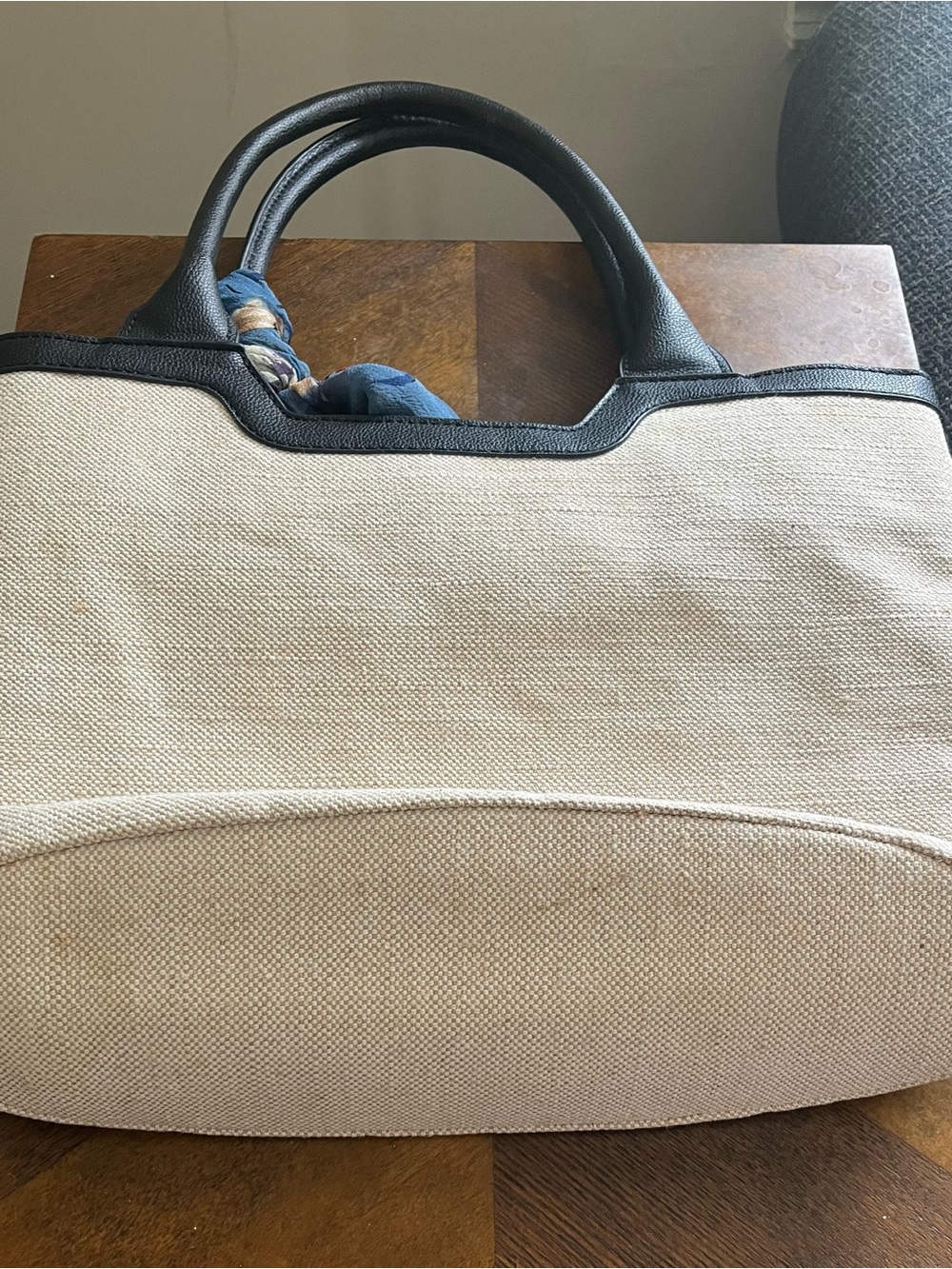 Rachel Zoe Cream Canvas Tote with Black Trim and Blue Scarf Accent - Picture 6 of 7